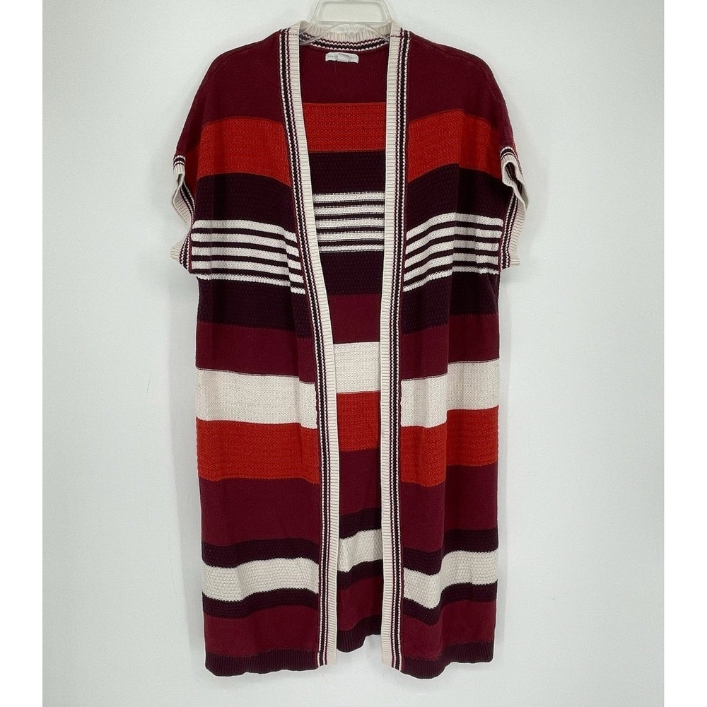 New York & Company Women's‎ Red Striped Open Front Longline Cardigan Vest Size S
